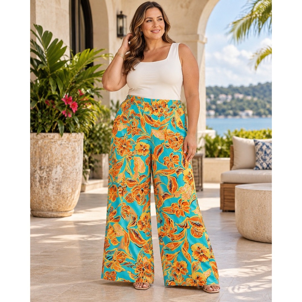 Bar III Pants Womens 16W Turquoise Orange Floral Wide Leg Tropical High Rise